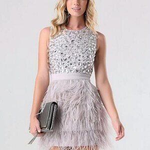 Bebe Rhinestone Feather Dress - Silver
